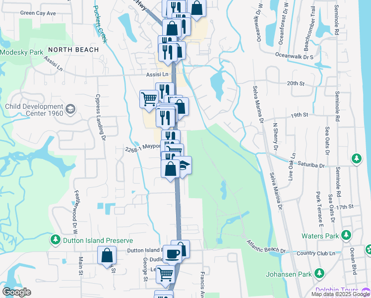 map of restaurants, bars, coffee shops, grocery stores, and more near 2251 Fairway Villas Lane North in Atlantic Beach