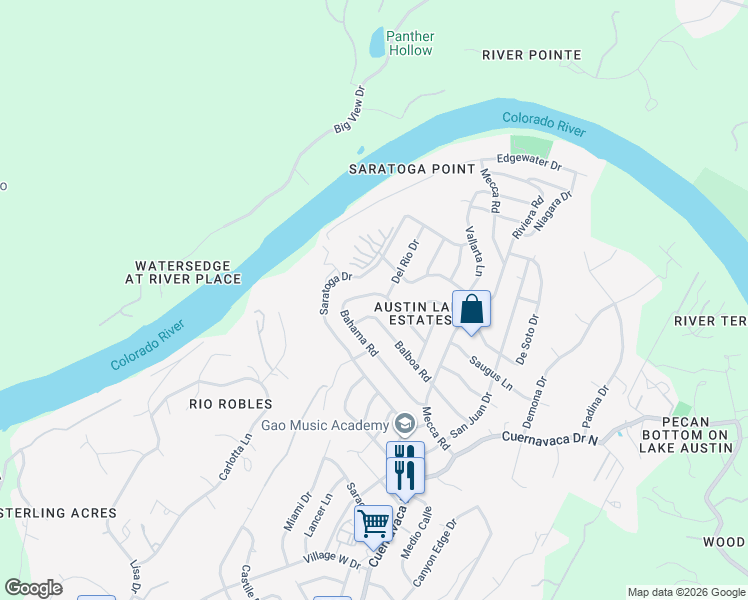 map of restaurants, bars, coffee shops, grocery stores, and more near 2407 Bahama Road in Austin
