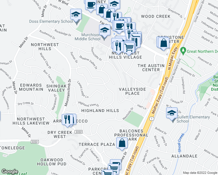map of restaurants, bars, coffee shops, grocery stores, and more near 6001 Highland Hills Drive in Austin