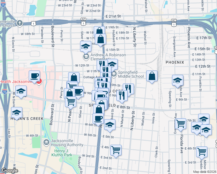 map of restaurants, bars, coffee shops, grocery stores, and more near 32 East 10th Street in Jacksonville