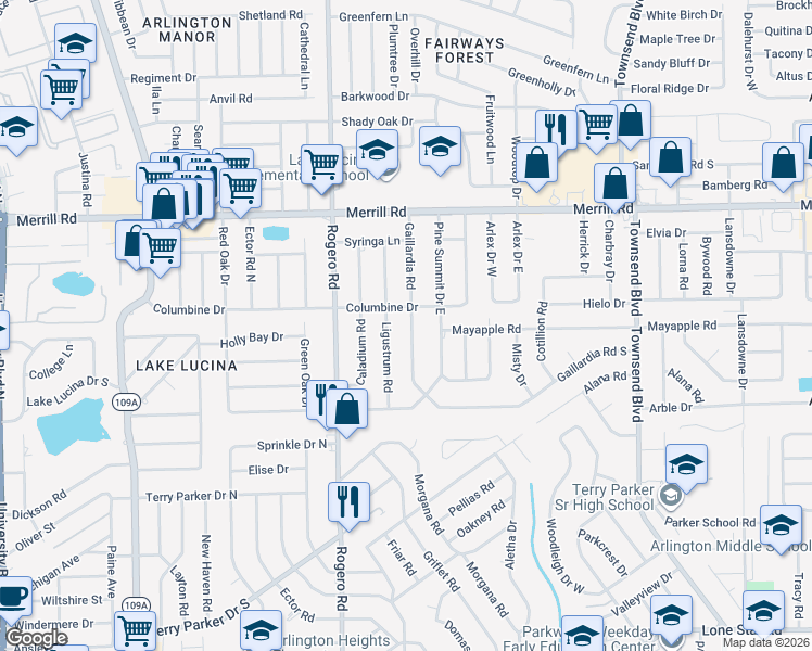 map of restaurants, bars, coffee shops, grocery stores, and more near 2434 Gaillardia Road in Jacksonville
