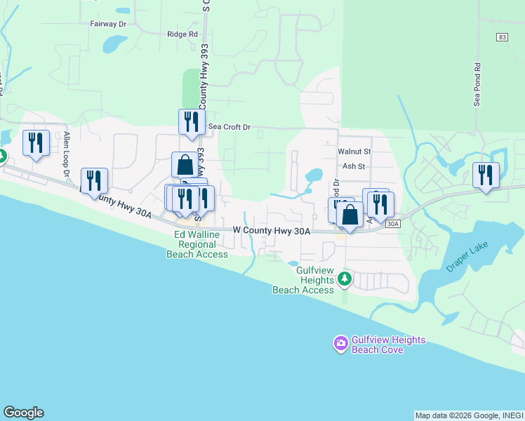 map of restaurants, bars, coffee shops, grocery stores, and more near 71 North Spooky Lane in Santa Rosa Beach