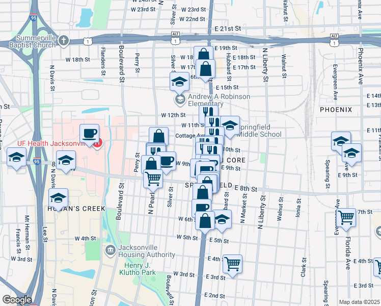map of restaurants, bars, coffee shops, grocery stores, and more near 1936 North Laura Street in Jacksonville