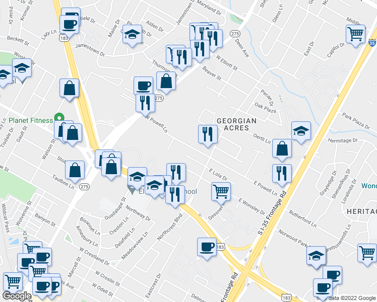 map of restaurants, bars, coffee shops, grocery stores, and more near 212 West Lola Drive in Austin