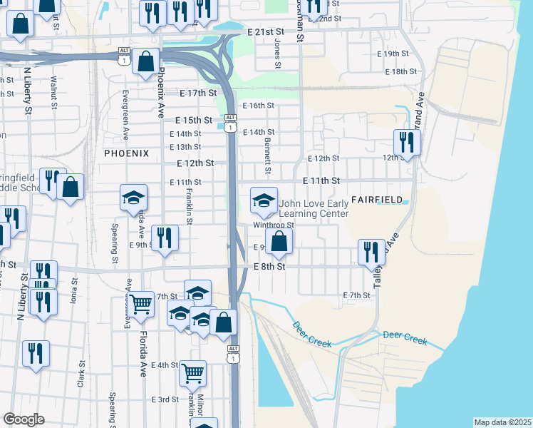 map of restaurants, bars, coffee shops, grocery stores, and more near 1531 Winthrop Street in Jacksonville