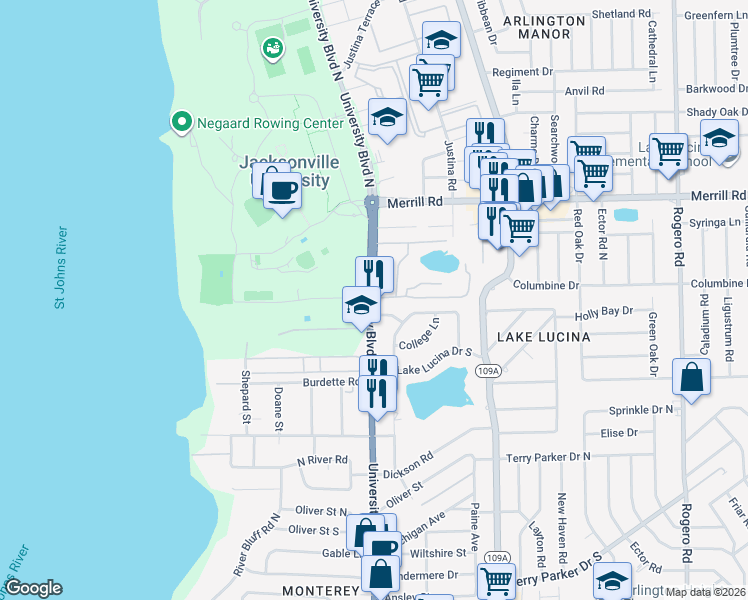 map of restaurants, bars, coffee shops, grocery stores, and more near 2600 University Boulevard North in Jacksonville