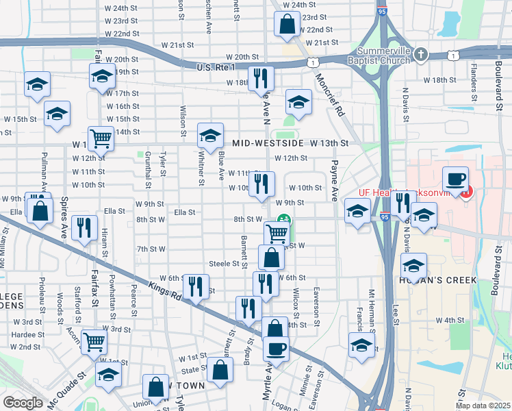 map of restaurants, bars, coffee shops, grocery stores, and more near 1320 West 9th Street in Jacksonville