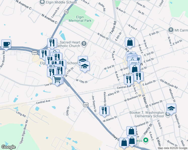 map of restaurants, bars, coffee shops, grocery stores, and more near 900 West 2nd Street in Elgin