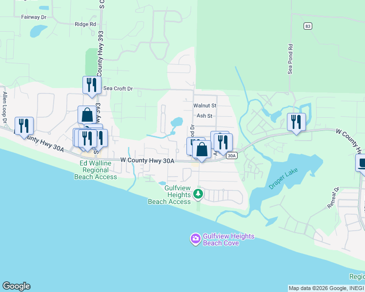 map of restaurants, bars, coffee shops, grocery stores, and more near 75 Hidden Lake Way in Santa Rosa Beach