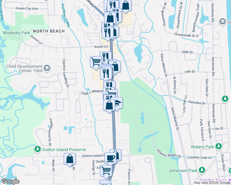 map of restaurants, bars, coffee shops, grocery stores, and more near 2232 Fairway Villas Lane North in Atlantic Beach