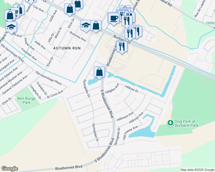 map of restaurants, bars, coffee shops, grocery stores, and more near 10715 Hillglen Avenue in Baton Rouge