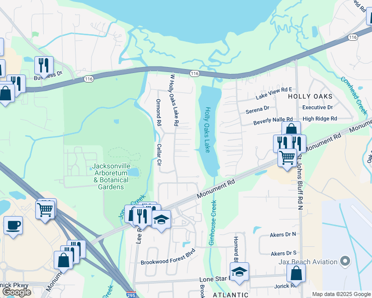 map of restaurants, bars, coffee shops, grocery stores, and more near 1617 West Holly Oaks Lake Road in Jacksonville