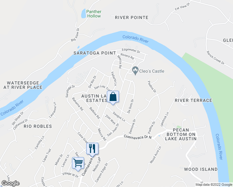 map of restaurants, bars, coffee shops, grocery stores, and more near 9800 San Luis Trail in Austin