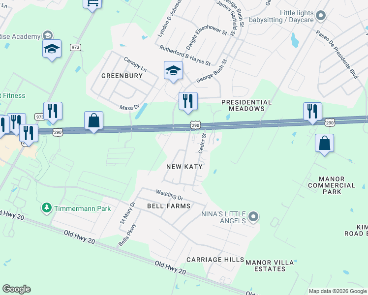 map of restaurants, bars, coffee shops, grocery stores, and more near 12912 New Katy Lane in Manor