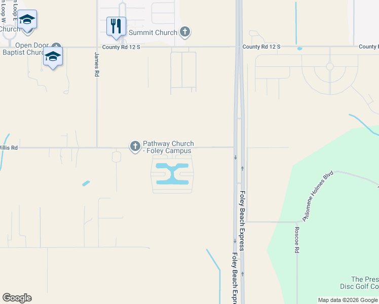 map of restaurants, bars, coffee shops, grocery stores, and more near 21410 Brinks Willis Road in Foley