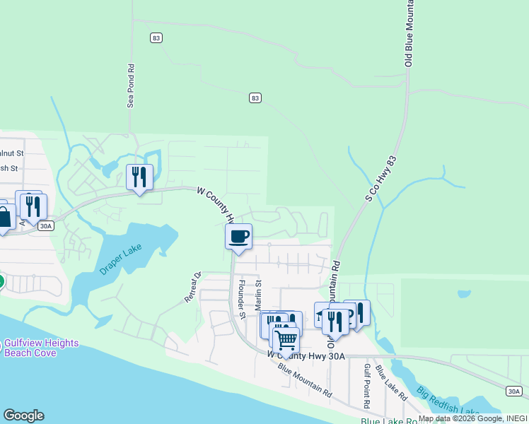 map of restaurants, bars, coffee shops, grocery stores, and more near Gulfview Circle in Santa Rosa Beach