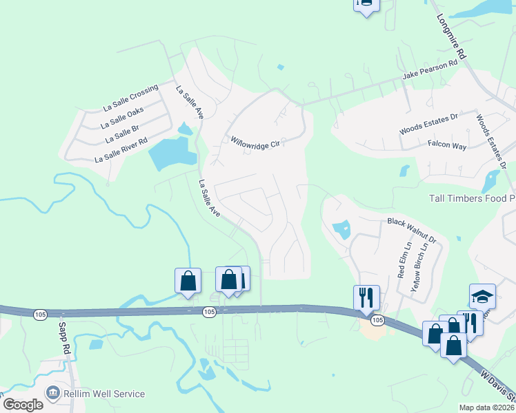map of restaurants, bars, coffee shops, grocery stores, and more near 326 Park Terrace Dr in Conroe