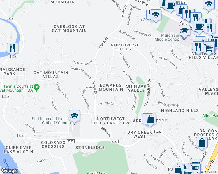 map of restaurants, bars, coffee shops, grocery stores, and more near 4105 Firstview Drive in Austin