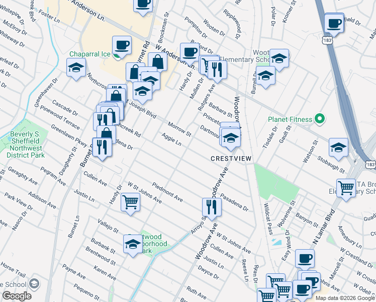 map of restaurants, bars, coffee shops, grocery stores, and more near 1719 Aggie Lane in Austin