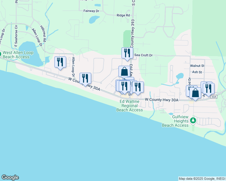 map of restaurants, bars, coffee shops, grocery stores, and more near Spires Lane in Santa Rosa Beach