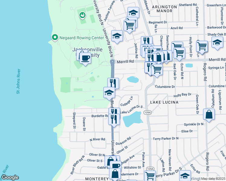 map of restaurants, bars, coffee shops, grocery stores, and more near 2600 University Boulevard North in Jacksonville