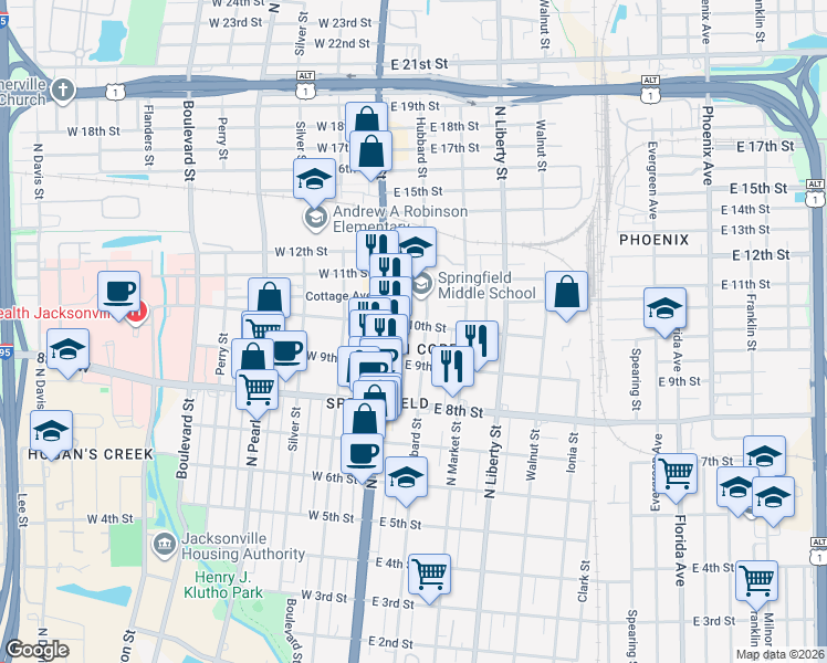 map of restaurants, bars, coffee shops, grocery stores, and more near 32 East 10th Street in Jacksonville