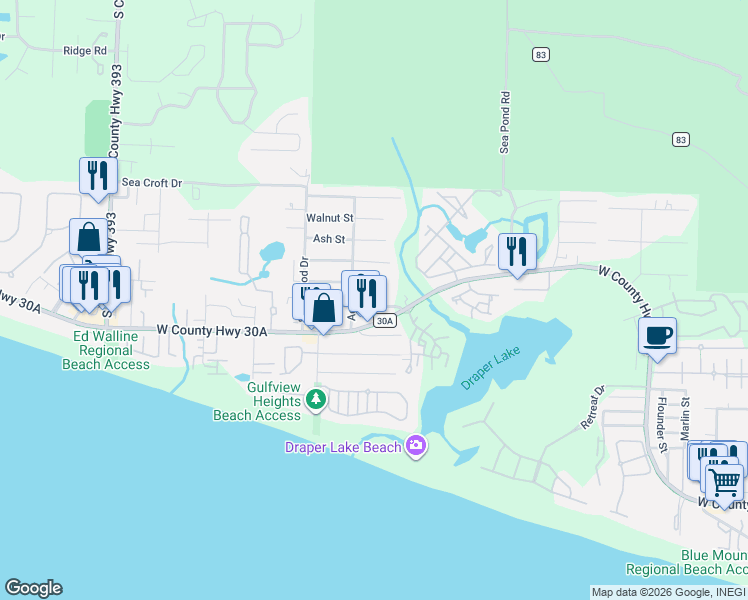 map of restaurants, bars, coffee shops, grocery stores, and more near 189 Maple Street in Santa Rosa Beach