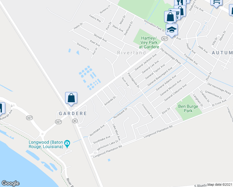 map of restaurants, bars, coffee shops, grocery stores, and more near 2715 Amanda Drive in Baton Rouge