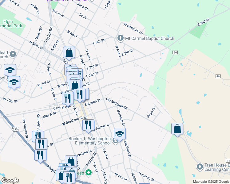 map of restaurants, bars, coffee shops, grocery stores, and more near 110 Hillside Cove in Elgin