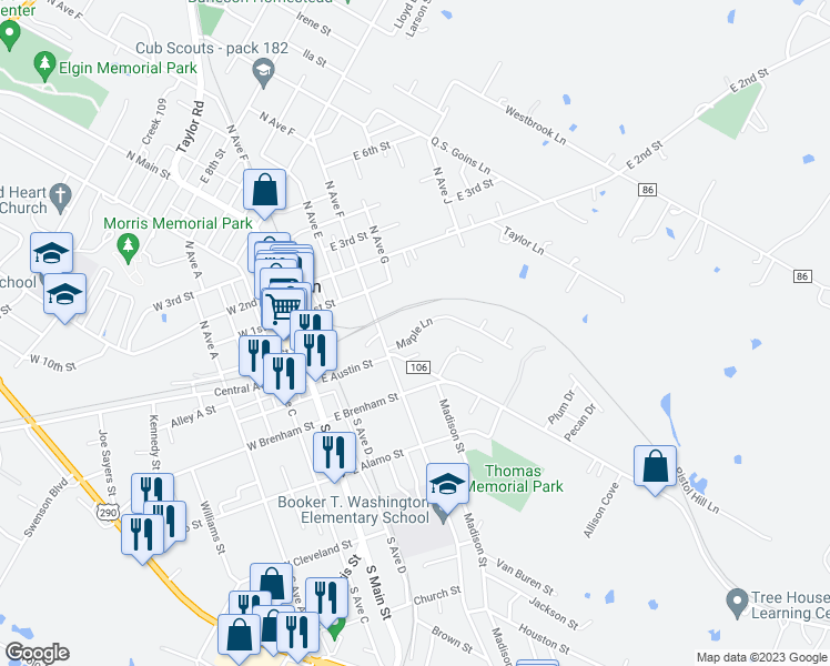 map of restaurants, bars, coffee shops, grocery stores, and more near 105 Maple Lane in Elgin