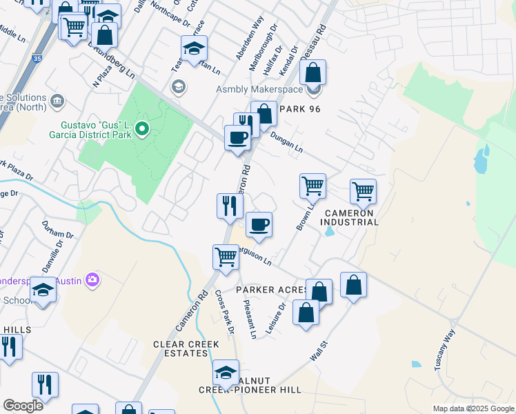 map of restaurants, bars, coffee shops, grocery stores, and more near 9201 Cameron Road in Austin