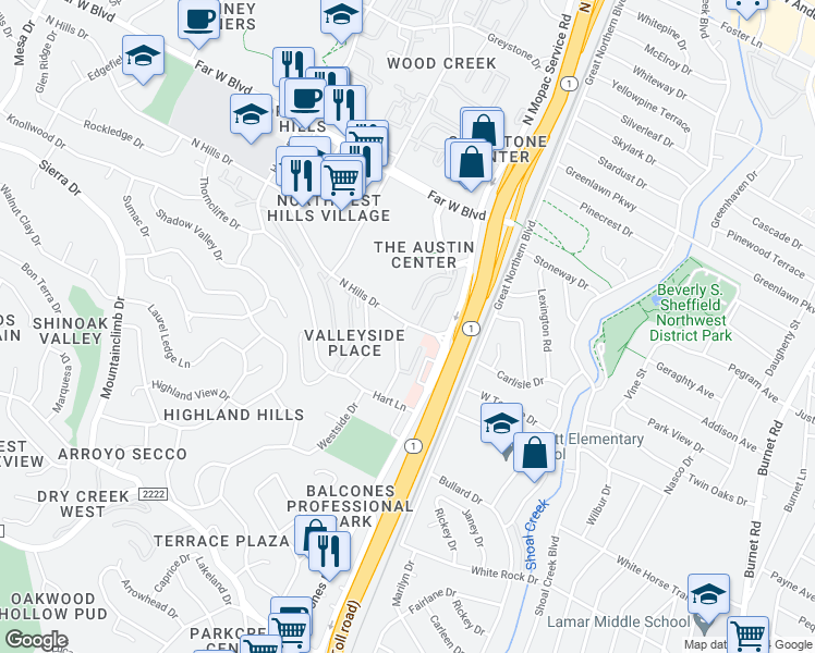 map of restaurants, bars, coffee shops, grocery stores, and more near 3431 North Hills Drive in Austin