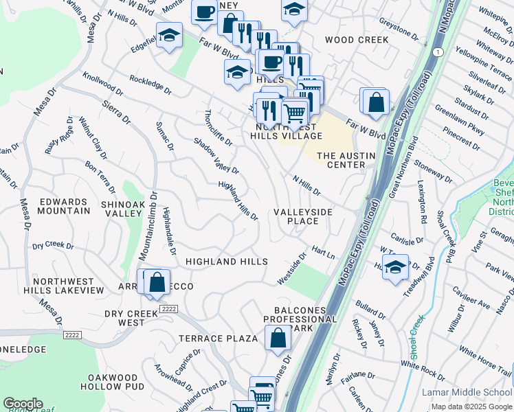 map of restaurants, bars, coffee shops, grocery stores, and more near 6001 Highland Hills Drive in Austin