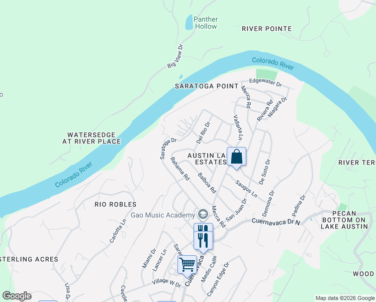 map of restaurants, bars, coffee shops, grocery stores, and more near 2407 Bahama Road in Austin