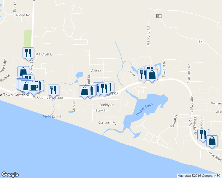 map of restaurants, bars, coffee shops, grocery stores, and more near 189 Maple Street in Santa Rosa Beach