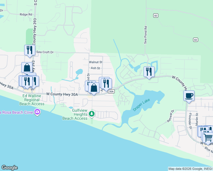 map of restaurants, bars, coffee shops, grocery stores, and more near 189 Maple Street in Santa Rosa Beach