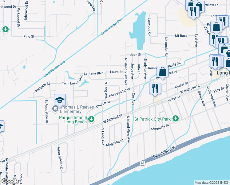 map of restaurants, bars, coffee shops, grocery stores, and more near 902 Old Pass Road West in Long Beach