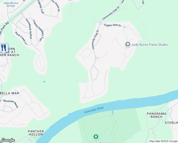 map of restaurants, bars, coffee shops, grocery stores, and more near 1700 University Club Drive in Austin