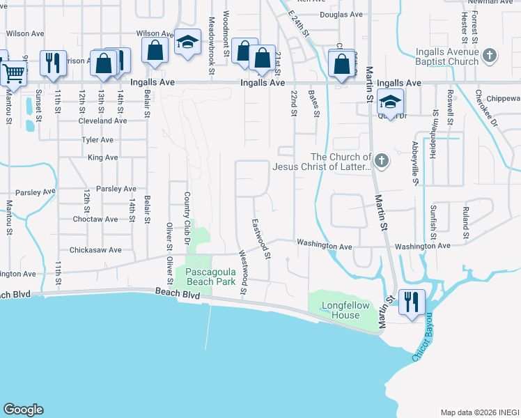 map of restaurants, bars, coffee shops, grocery stores, and more near 1014 Eastwood Street in Pascagoula
