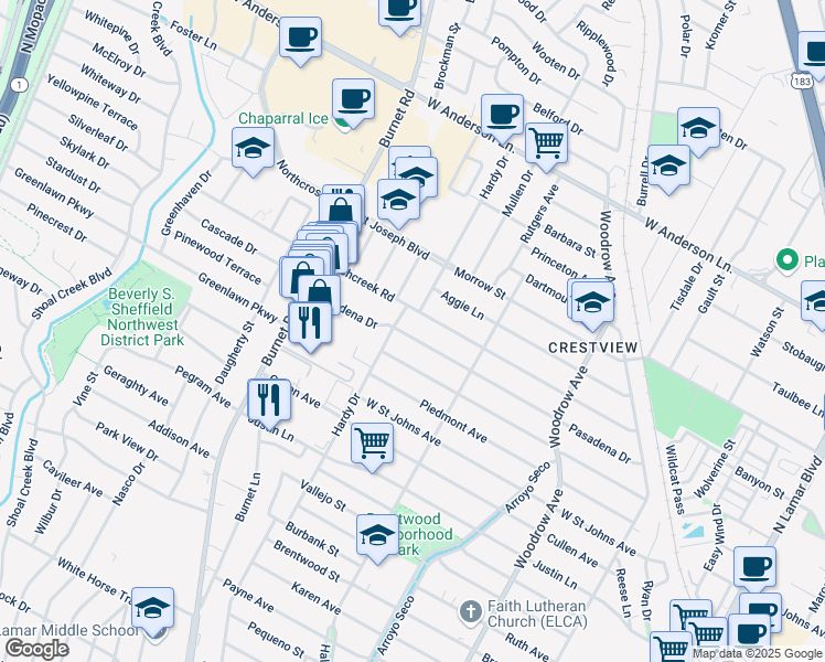 map of restaurants, bars, coffee shops, grocery stores, and more near 1914 Pasadena Drive in Austin
