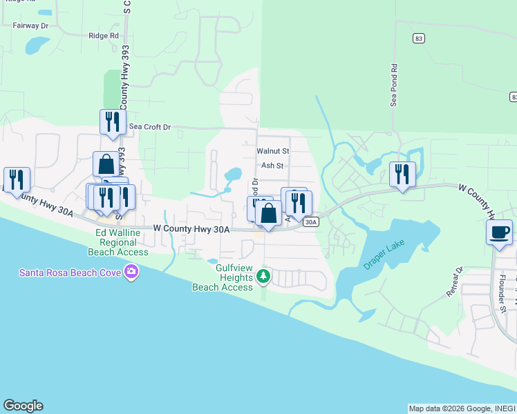 map of restaurants, bars, coffee shops, grocery stores, and more near 15 Maple Street in Santa Rosa Beach