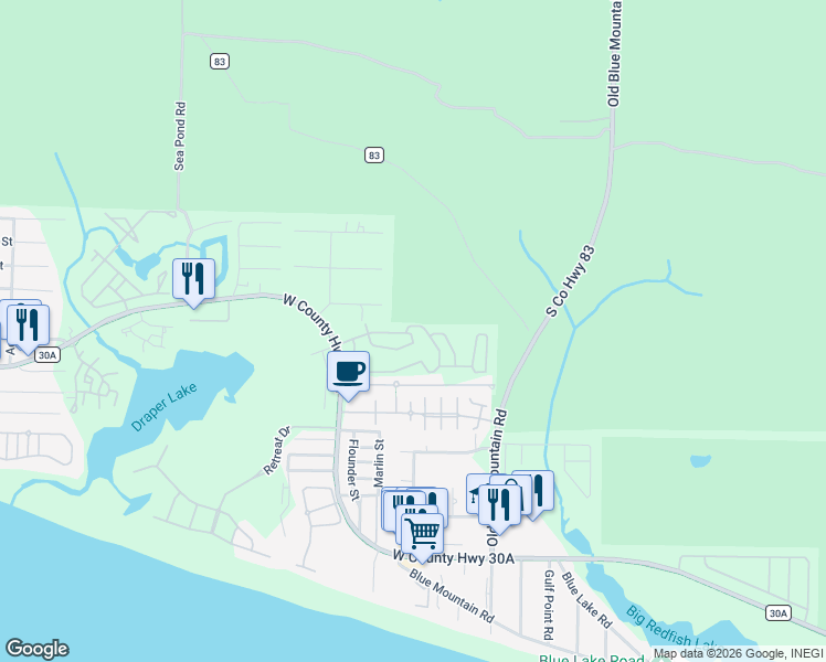 map of restaurants, bars, coffee shops, grocery stores, and more near 220 Gulfview Circle in Santa Rosa Beach