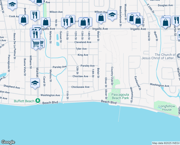 map of restaurants, bars, coffee shops, grocery stores, and more near 2402 Seneca Avenue in Pascagoula
