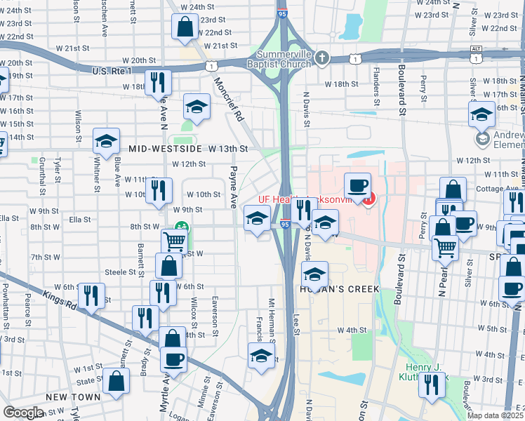 map of restaurants, bars, coffee shops, grocery stores, and more near 1062 Reiman Street in Jacksonville