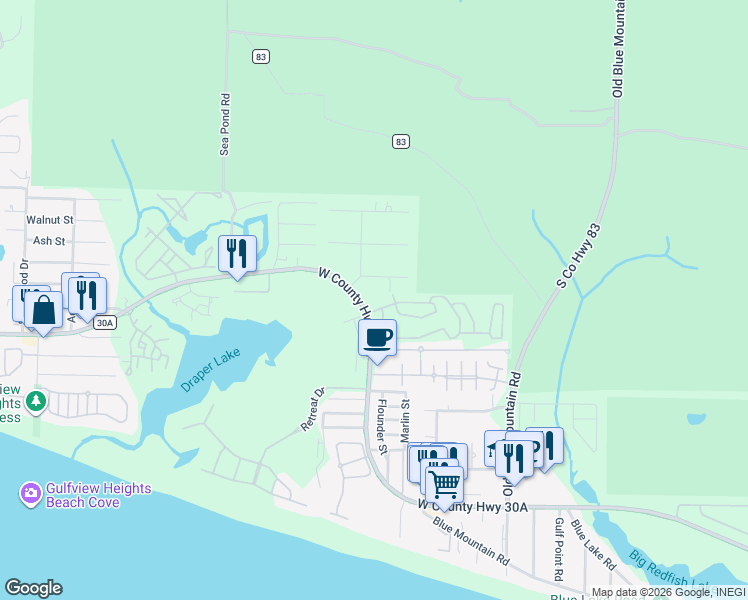 map of restaurants, bars, coffee shops, grocery stores, and more near 2930 West County Highway 30A in Santa Rosa Beach
