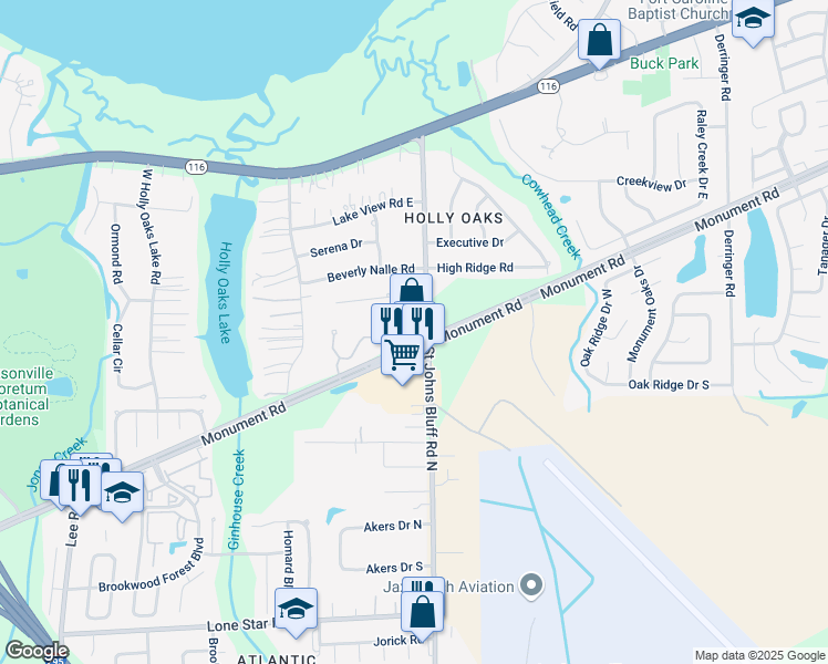 map of restaurants, bars, coffee shops, grocery stores, and more near 1612 Saint Johns Bluff Road North in Jacksonville