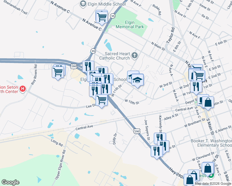 map of restaurants, bars, coffee shops, grocery stores, and more near 106 Robin Street in Elgin
