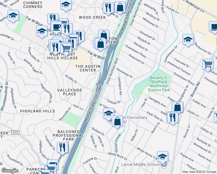 map of restaurants, bars, coffee shops, grocery stores, and more near 6611 Great Northern Boulevard in Austin