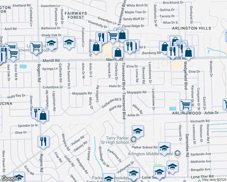 map of restaurants, bars, coffee shops, grocery stores, and more near 7109 May Apple Road in Jacksonville