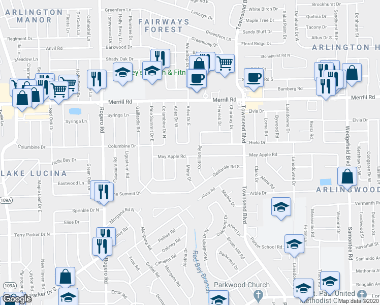 map of restaurants, bars, coffee shops, grocery stores, and more near 6935 Mayapple Road in Jacksonville